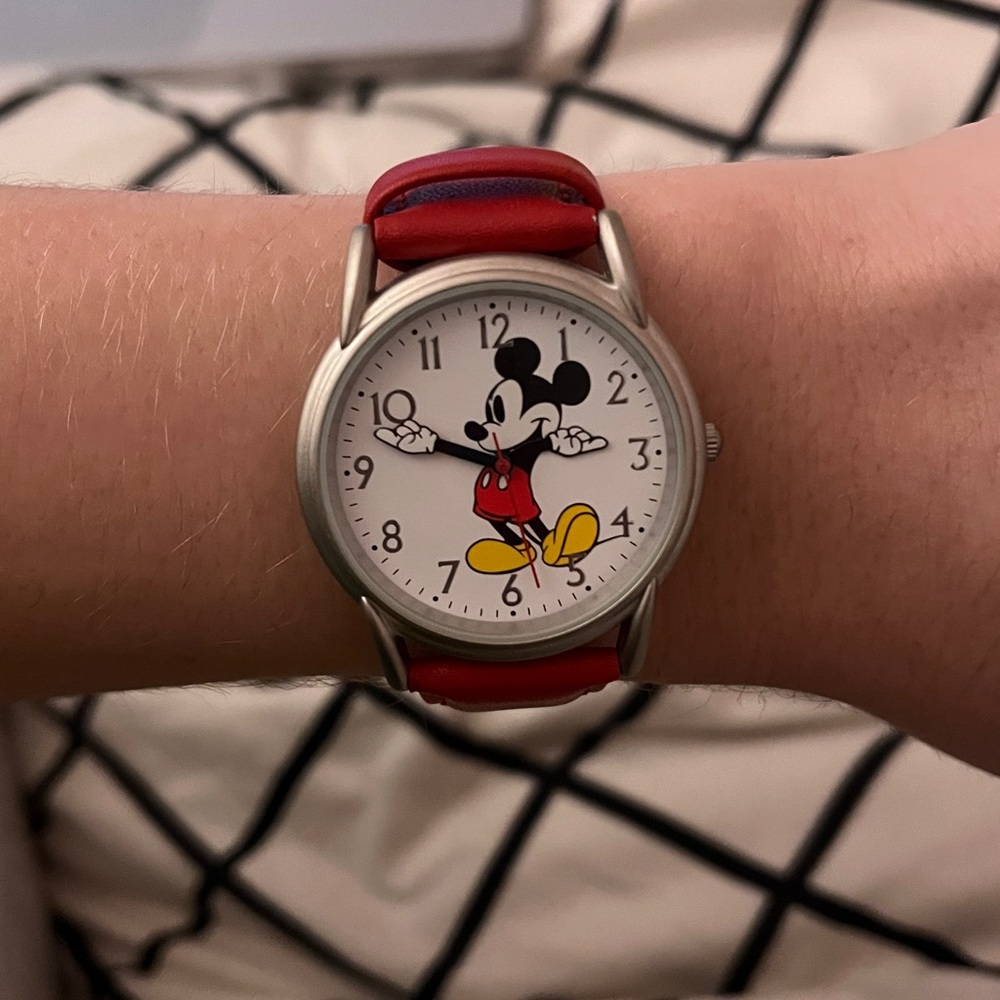 disney authentic leather mickey mouse watch. red and silver!